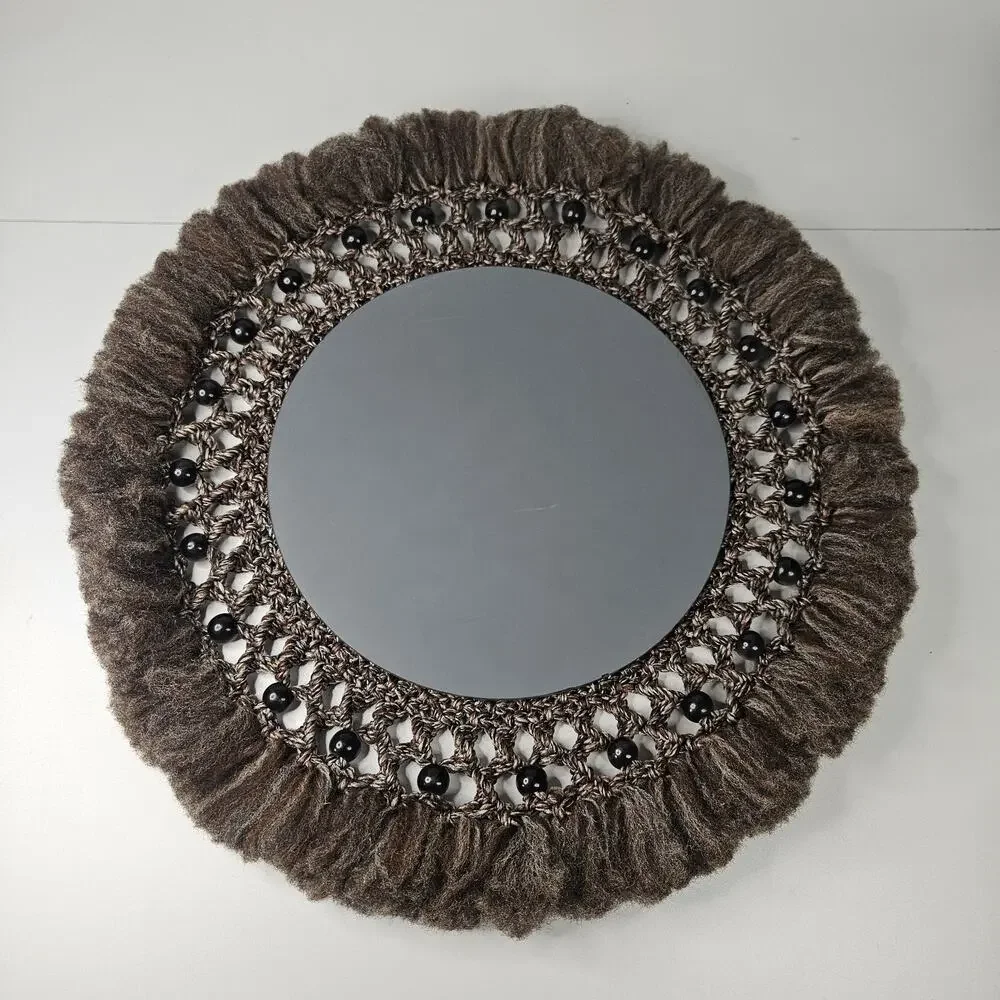 Vintage Large Macrame Wood Beaded Hanging Mirror 22